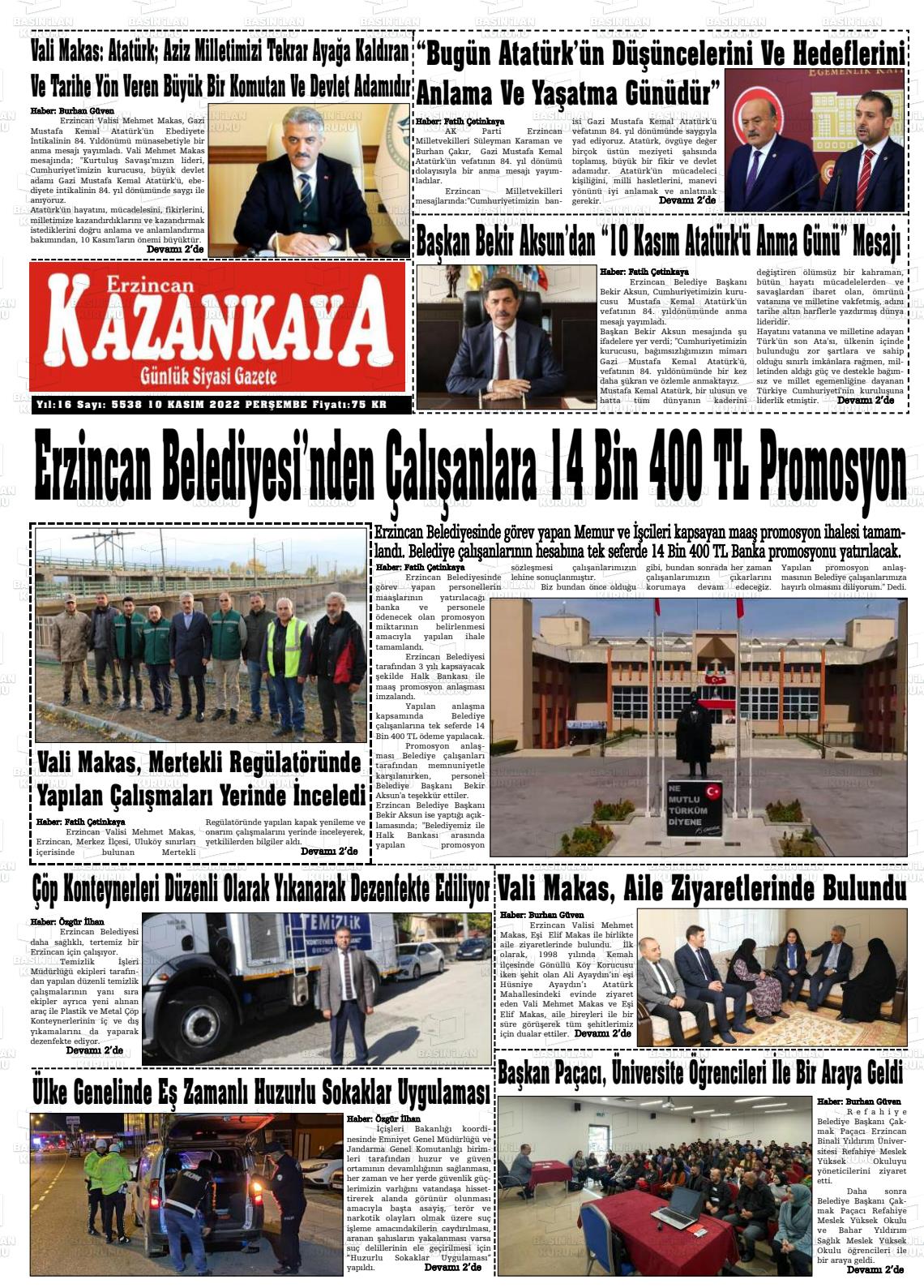 10 Kasım 2022 Kazankaya Gazete Manşeti