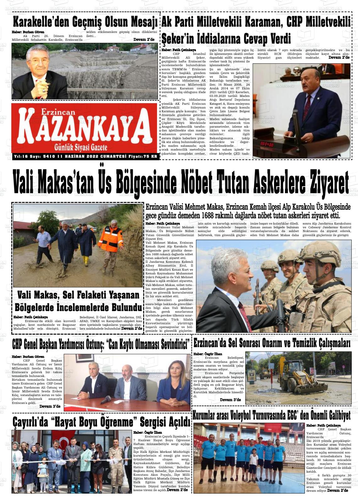 11 Haziran 2022 Kazankaya Gazete Manşeti