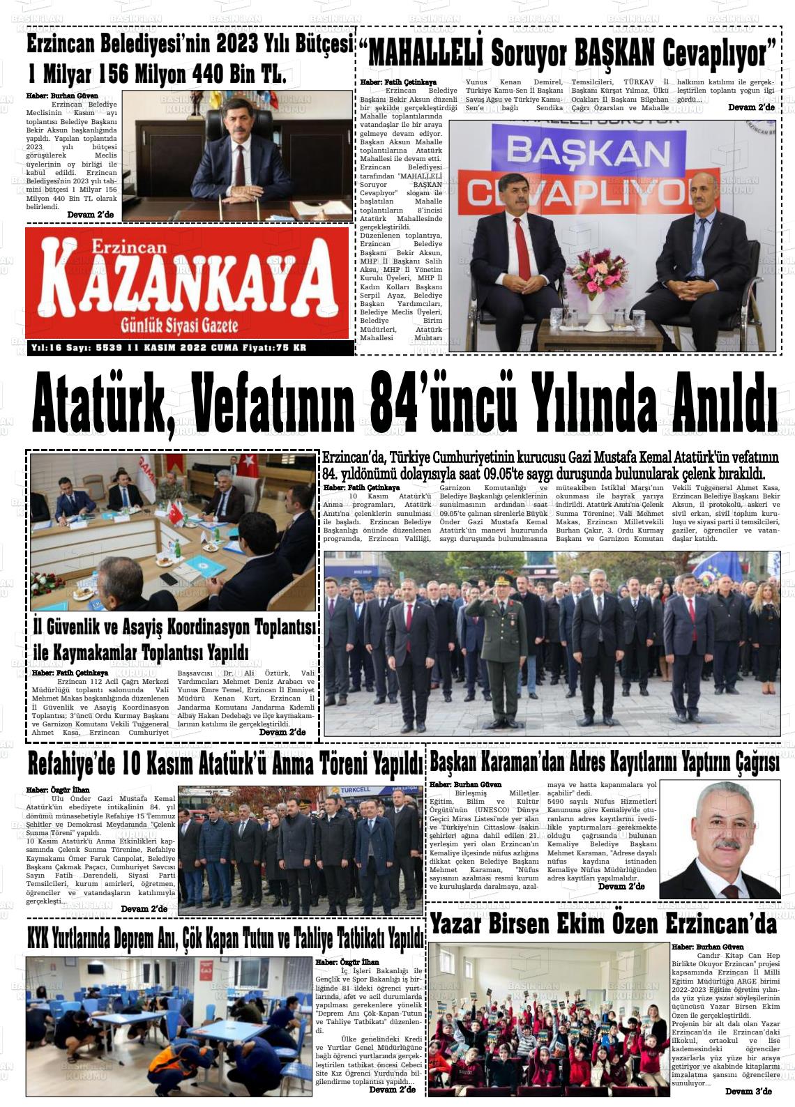 11 Kasım 2022 Kazankaya Gazete Manşeti