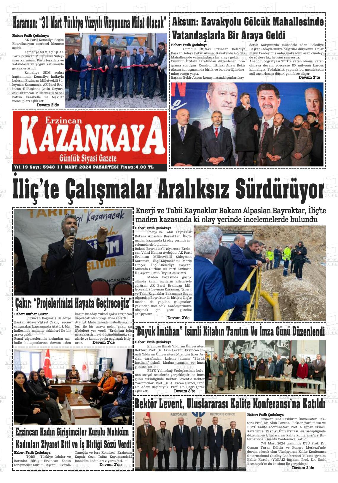 11 Mart 2024 Kazankaya Gazete Manşeti