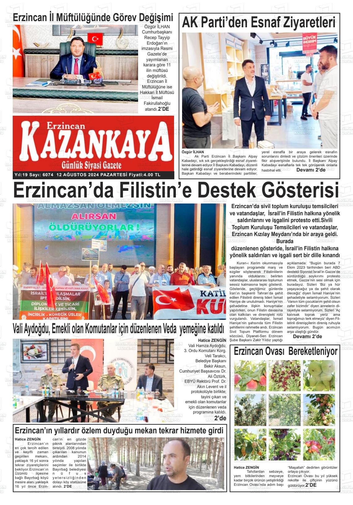 12 Ağustos 2024 Kazankaya Gazete Manşeti