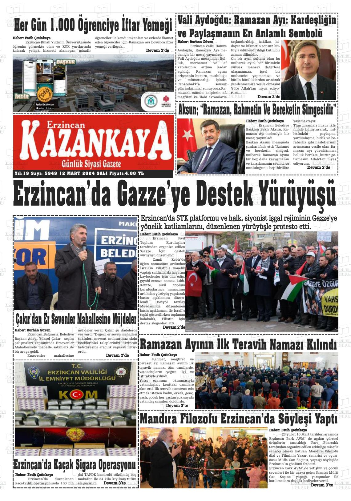 12 Mart 2024 Kazankaya Gazete Manşeti