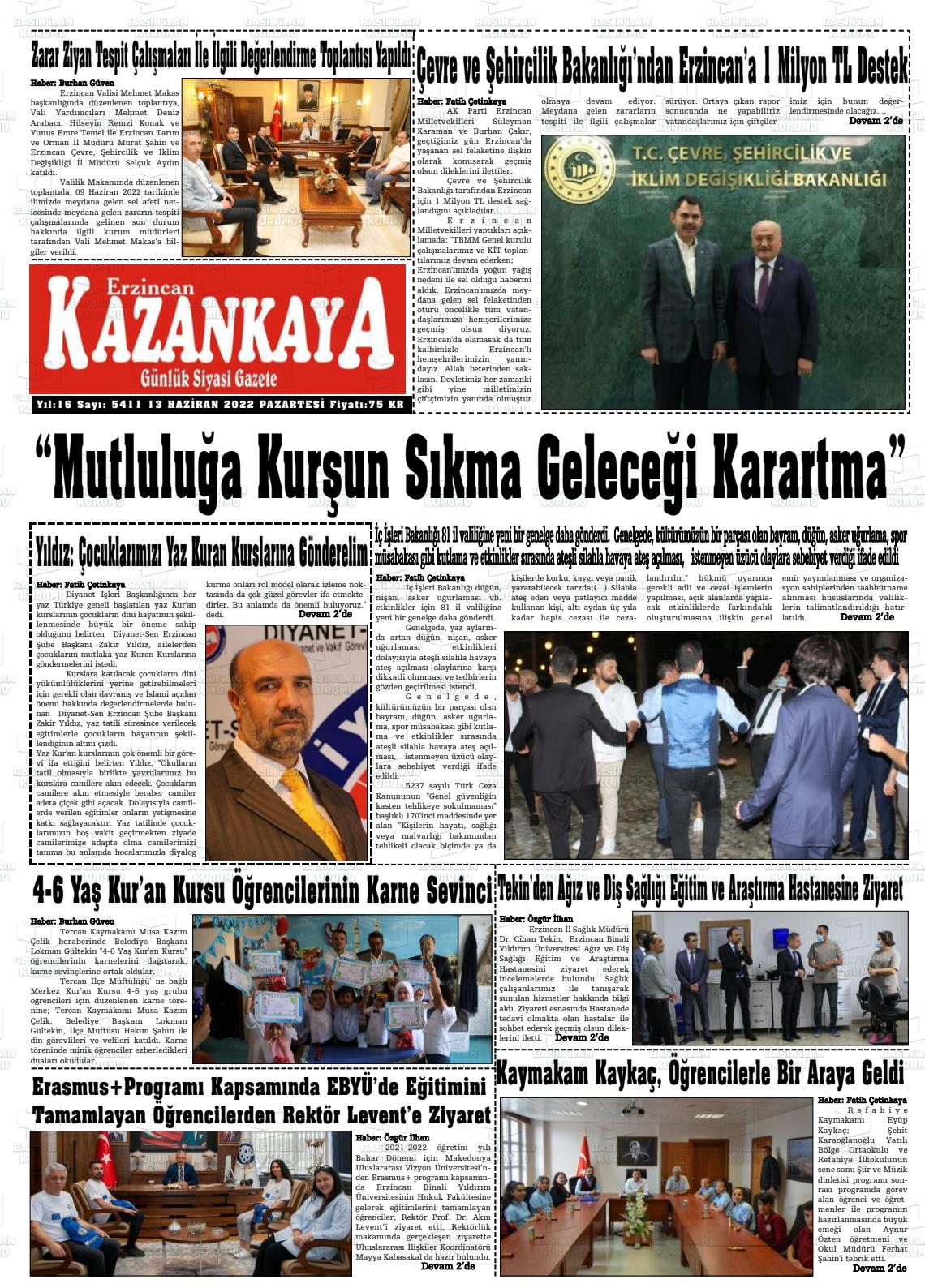 13 Haziran 2022 Kazankaya Gazete Manşeti