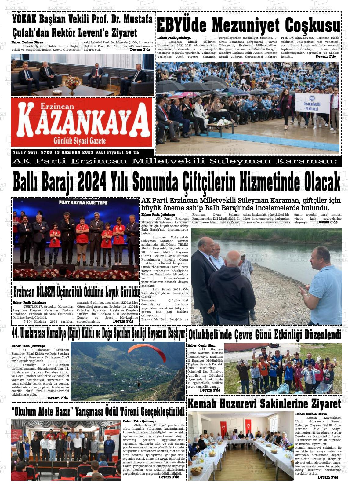 13 Haziran 2023 Kazankaya Gazete Manşeti