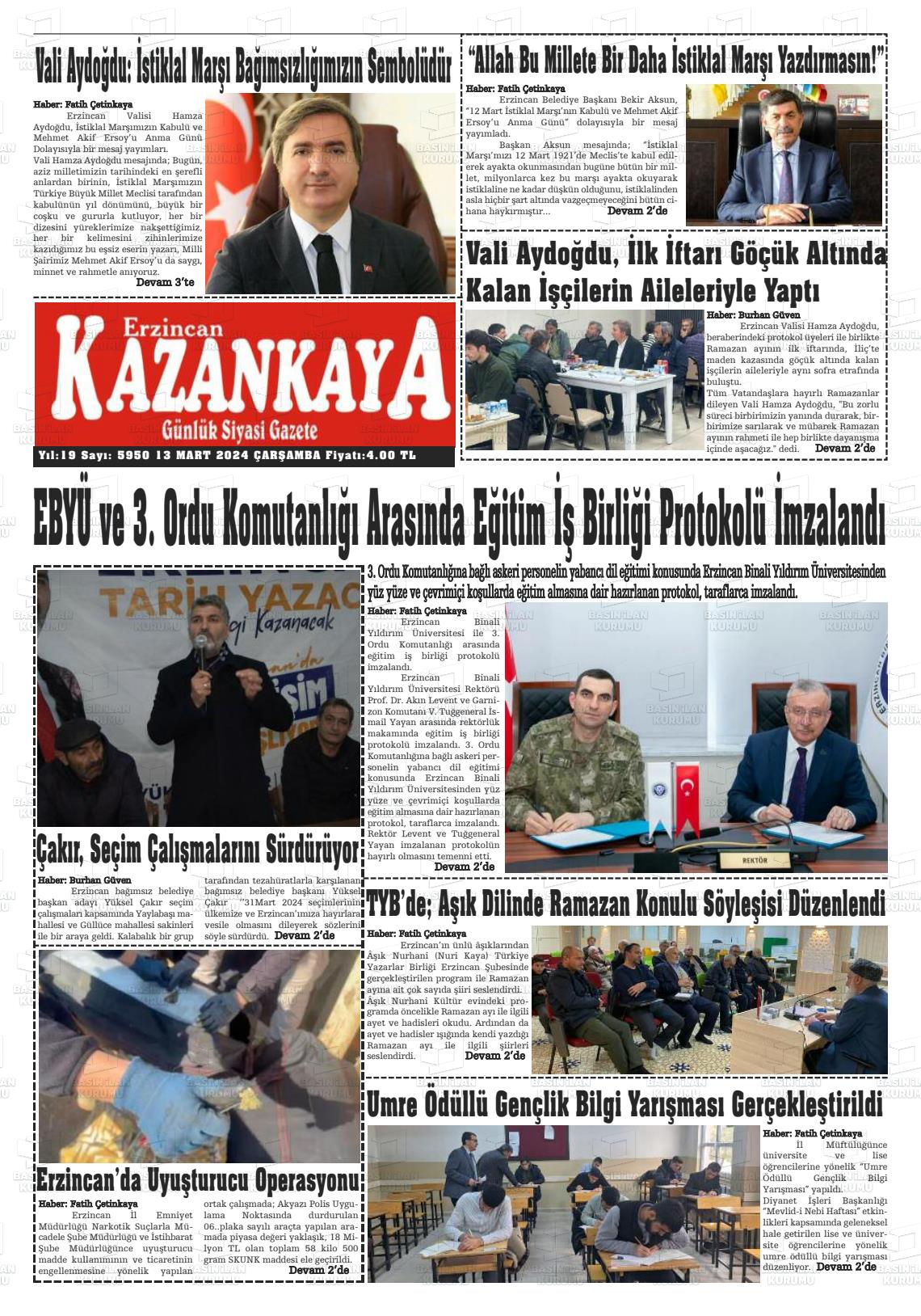 13 Mart 2024 Kazankaya Gazete Manşeti