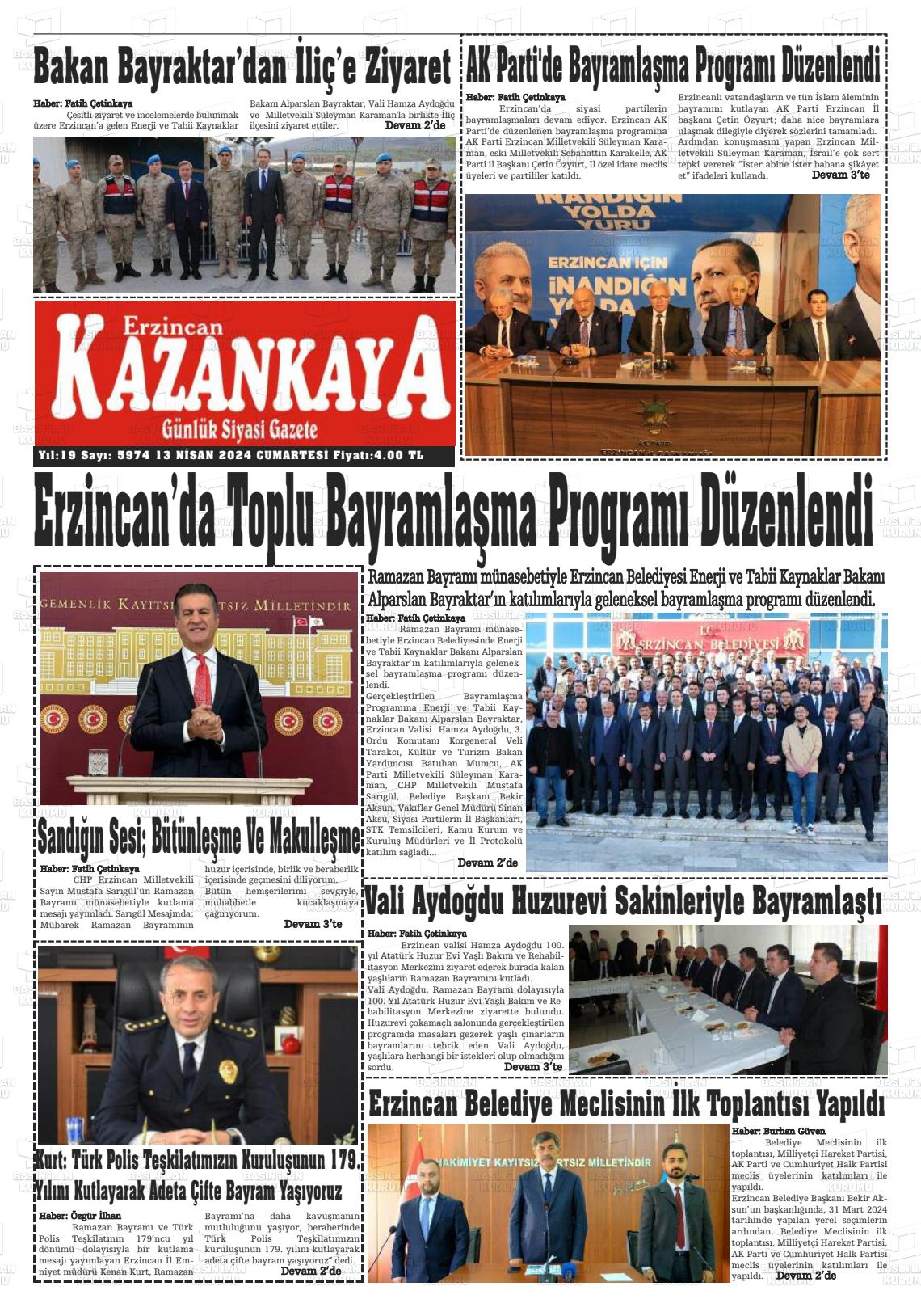 13 Nisan 2024 Kazankaya Gazete Manşeti