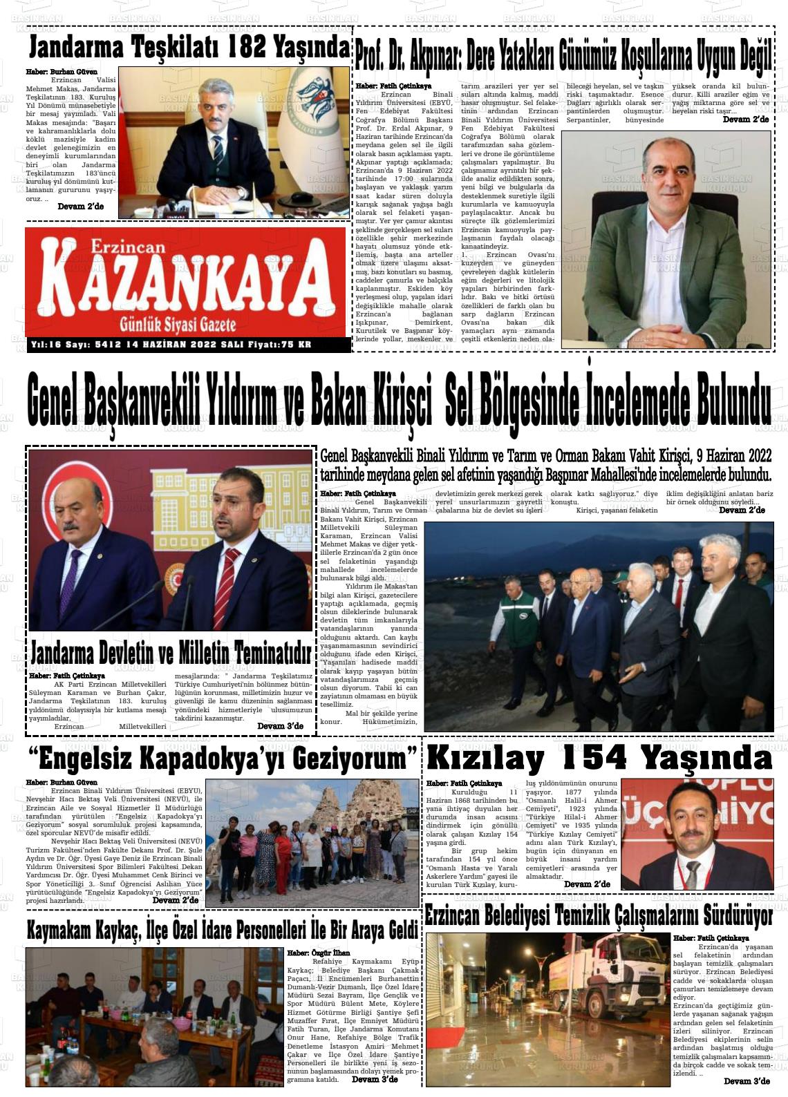 14 Haziran 2022 Kazankaya Gazete Manşeti