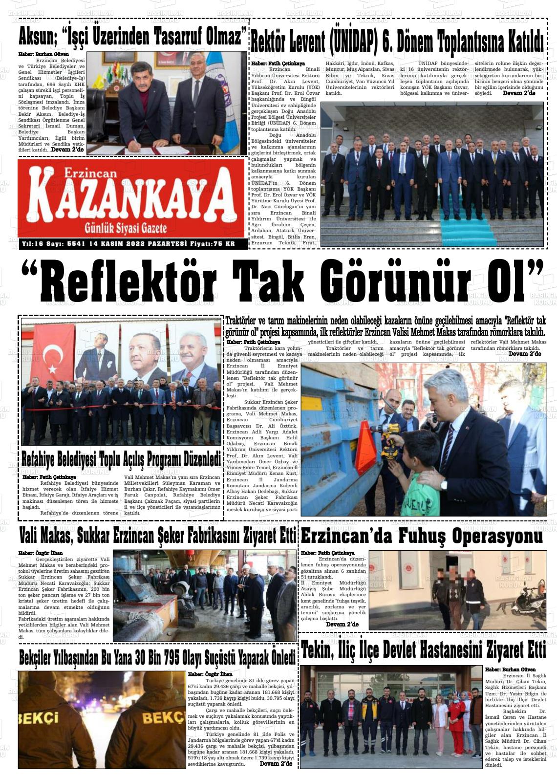 14 Kasım 2022 Kazankaya Gazete Manşeti