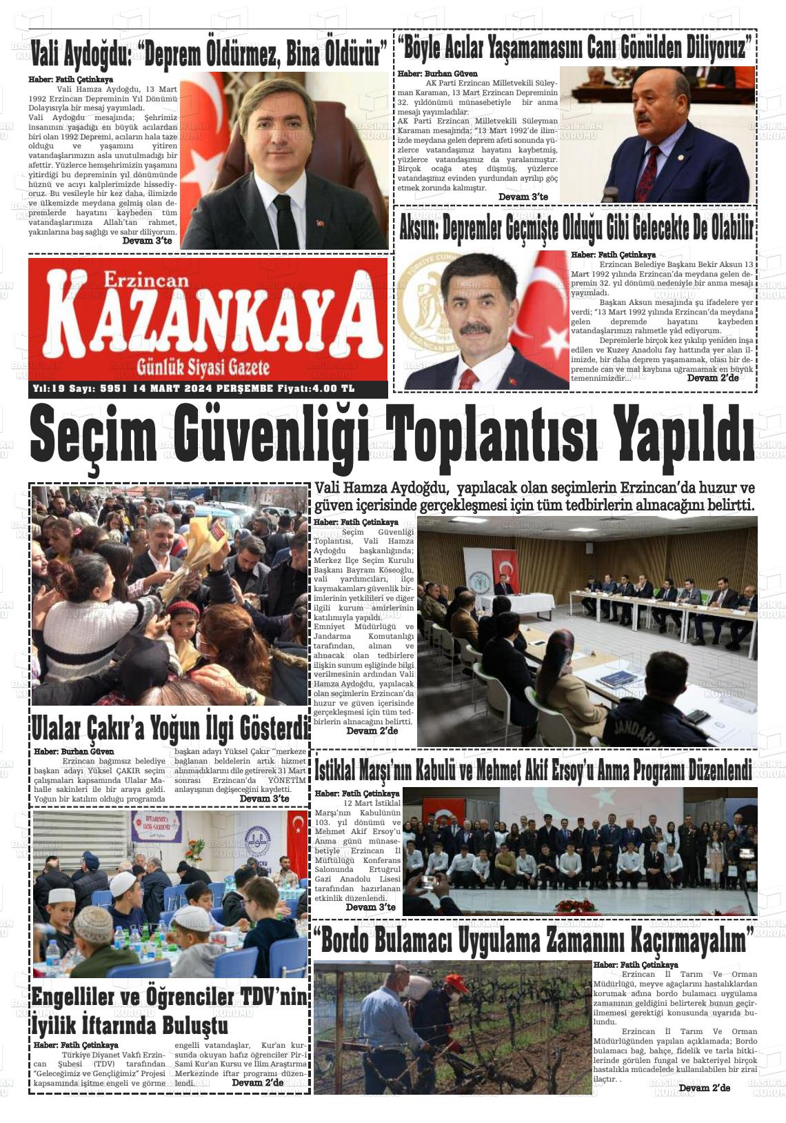 14 Mart 2024 Kazankaya Gazete Manşeti