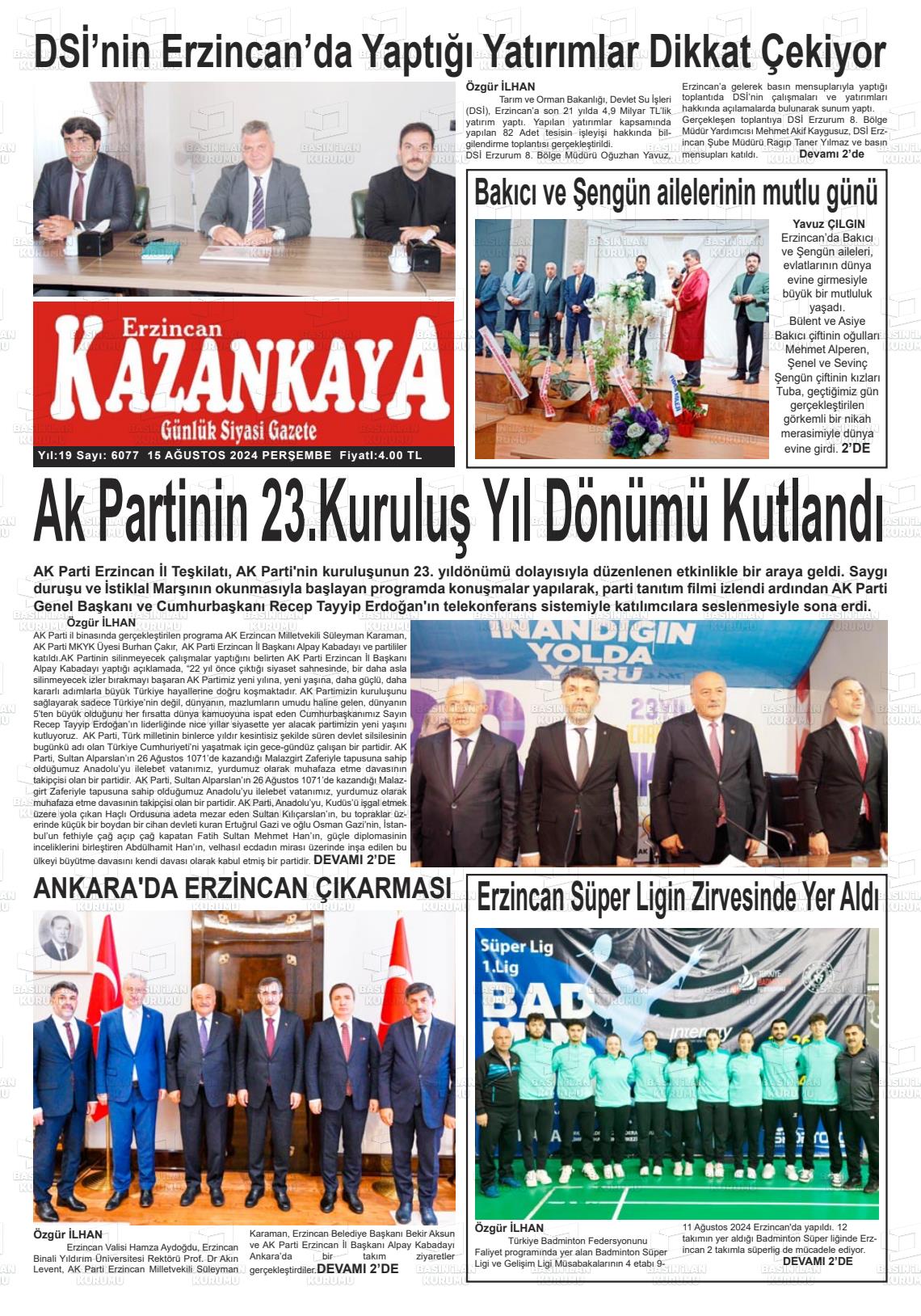 15 Ağustos 2024 Kazankaya Gazete Manşeti