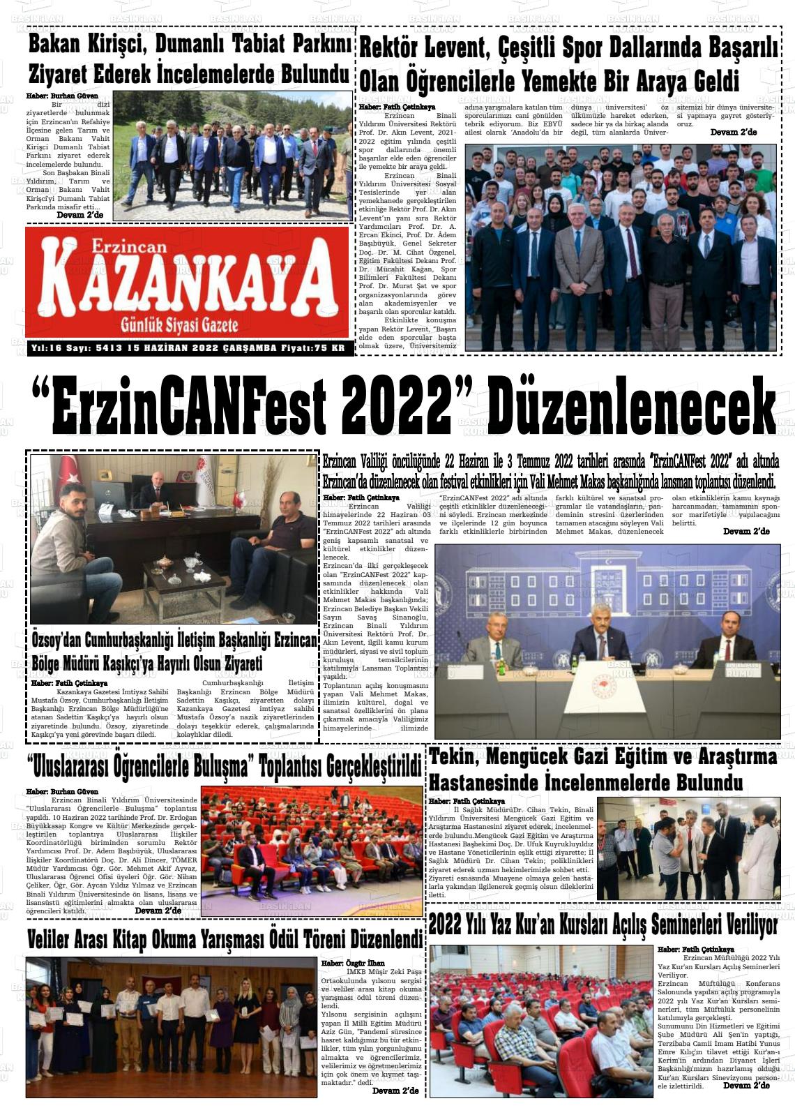 15 Haziran 2022 Kazankaya Gazete Manşeti