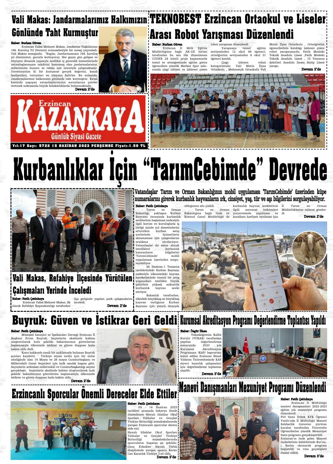 15 Haziran 2023 Kazankaya Gazete Manşeti