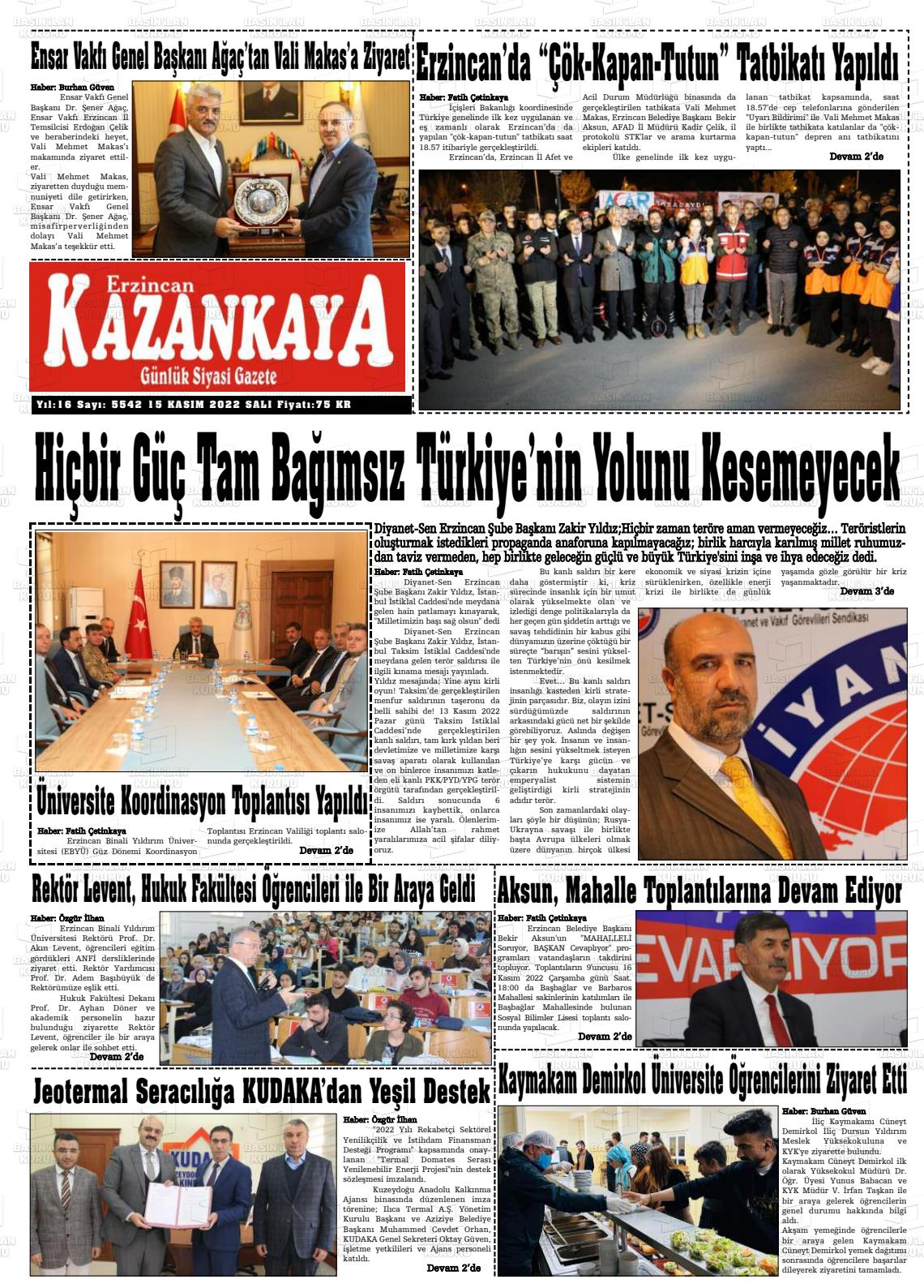 15 Kasım 2022 Kazankaya Gazete Manşeti