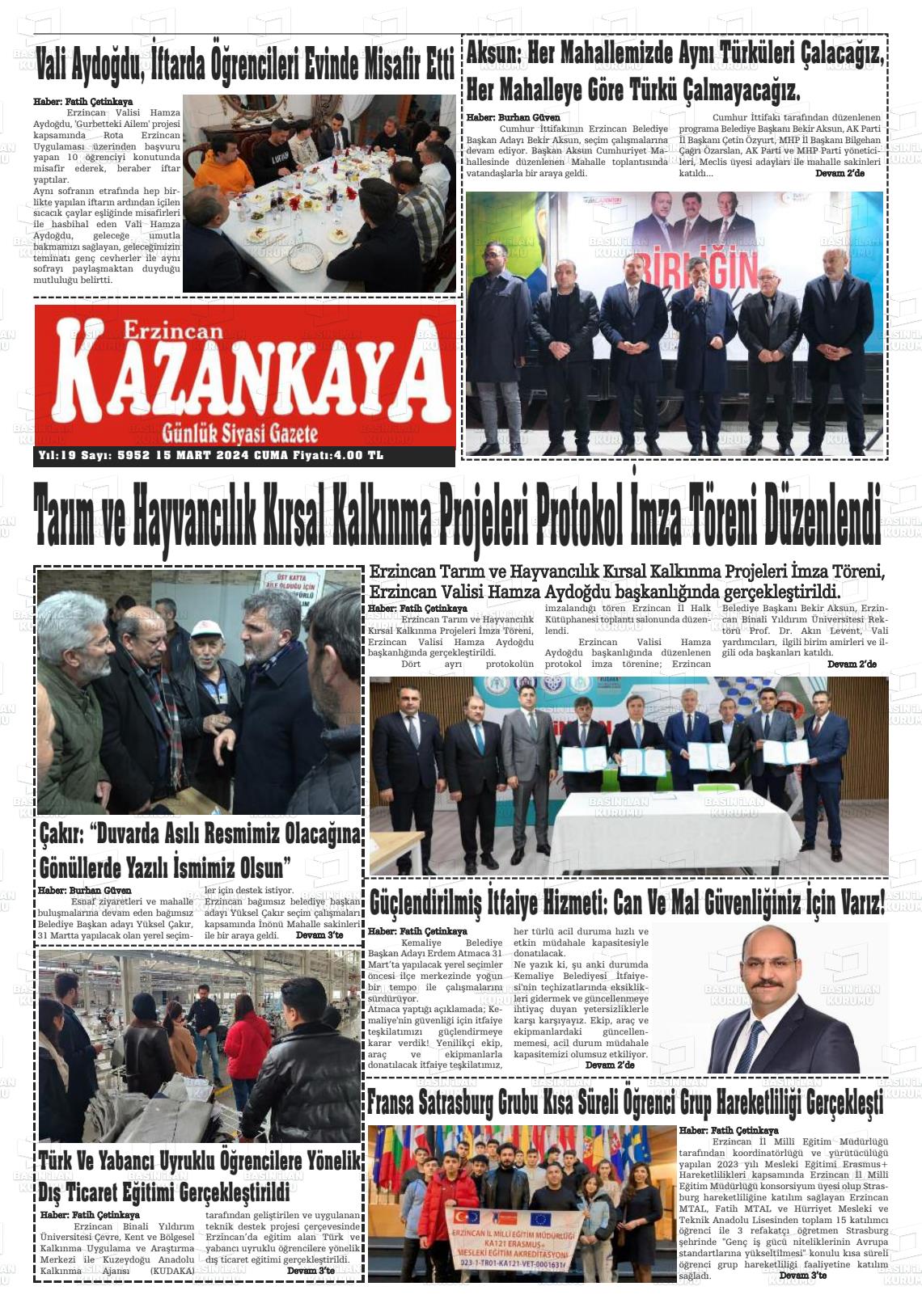 15 Mart 2024 Kazankaya Gazete Manşeti