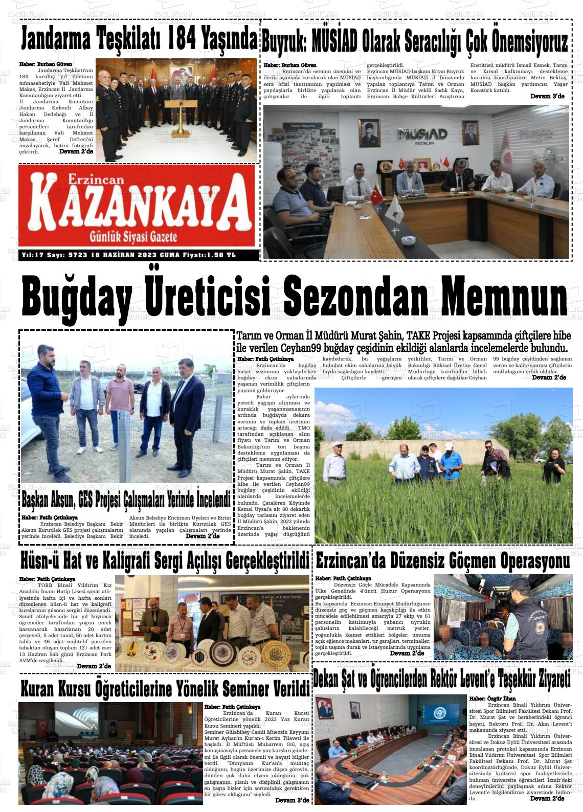 16 Haziran 2023 Kazankaya Gazete Manşeti