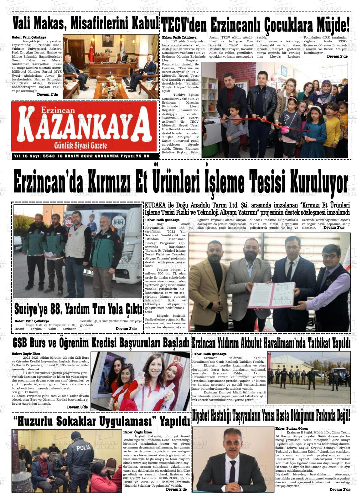 16 Kasım 2022 Kazankaya Gazete Manşeti