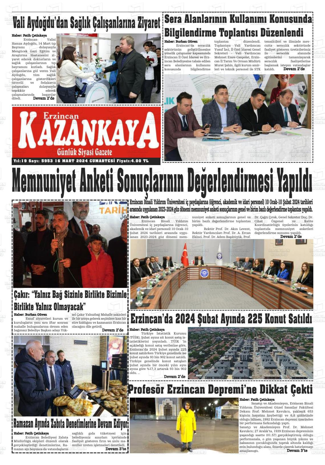 16 Mart 2024 Kazankaya Gazete Manşeti