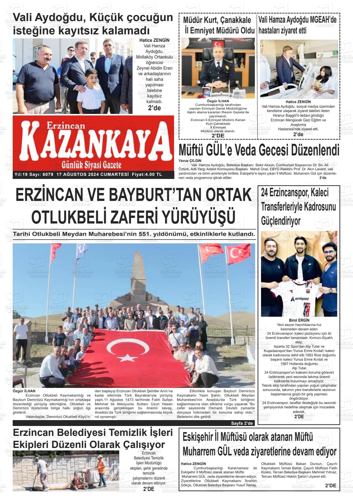 17 Ağustos 2024 Kazankaya Gazete Manşeti