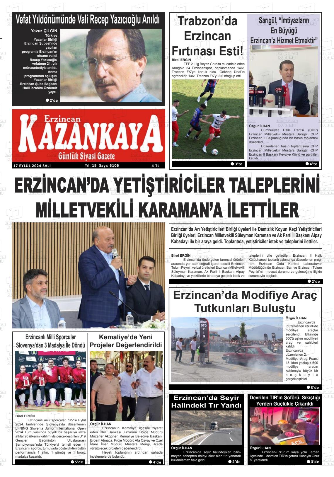 17 Eylül 2024 Kazankaya Gazete Manşeti