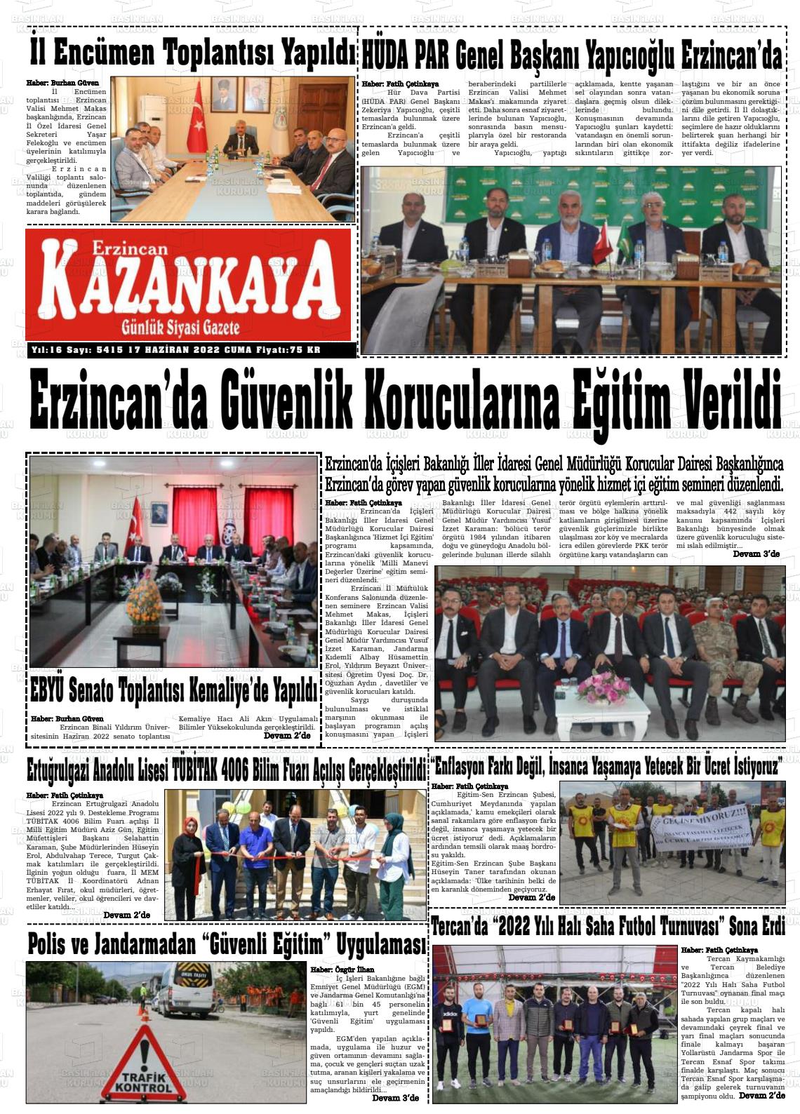 17 Haziran 2022 Kazankaya Gazete Manşeti