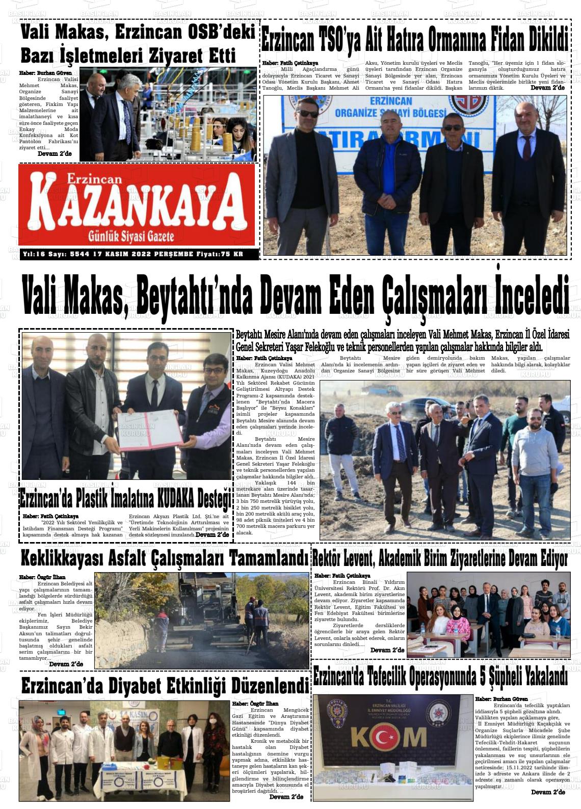 17 Kasım 2022 Kazankaya Gazete Manşeti