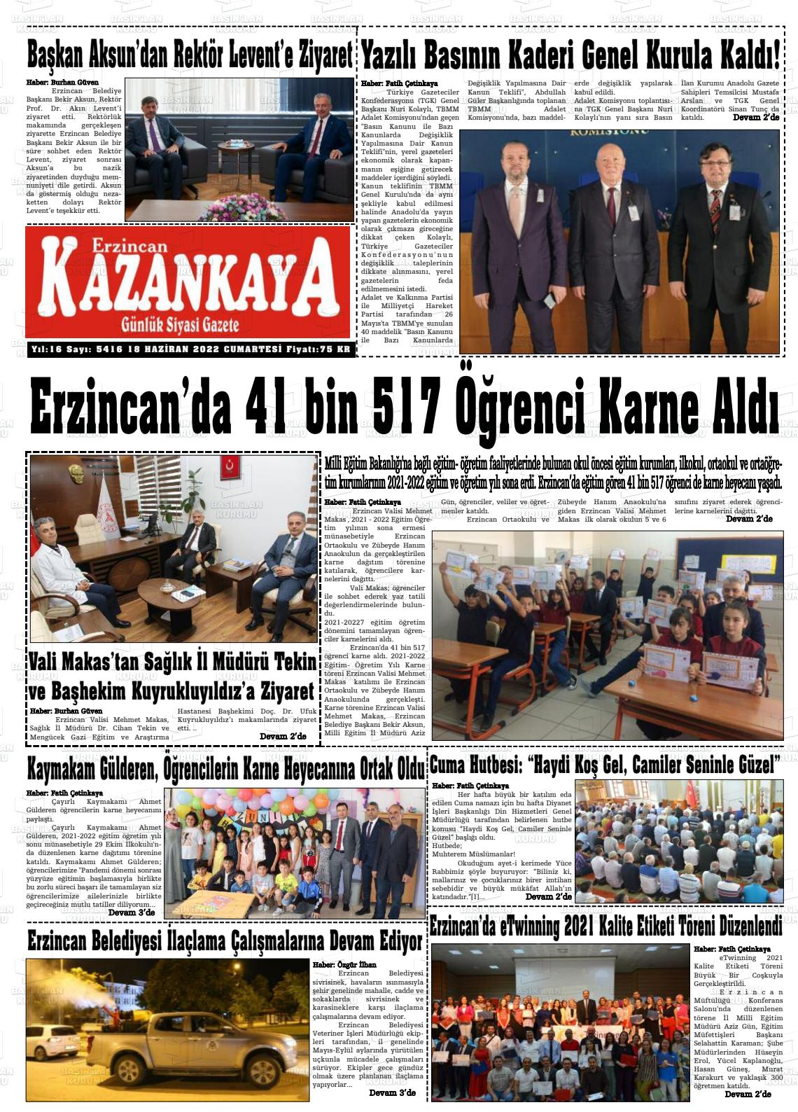 18 Haziran 2022 Kazankaya Gazete Manşeti