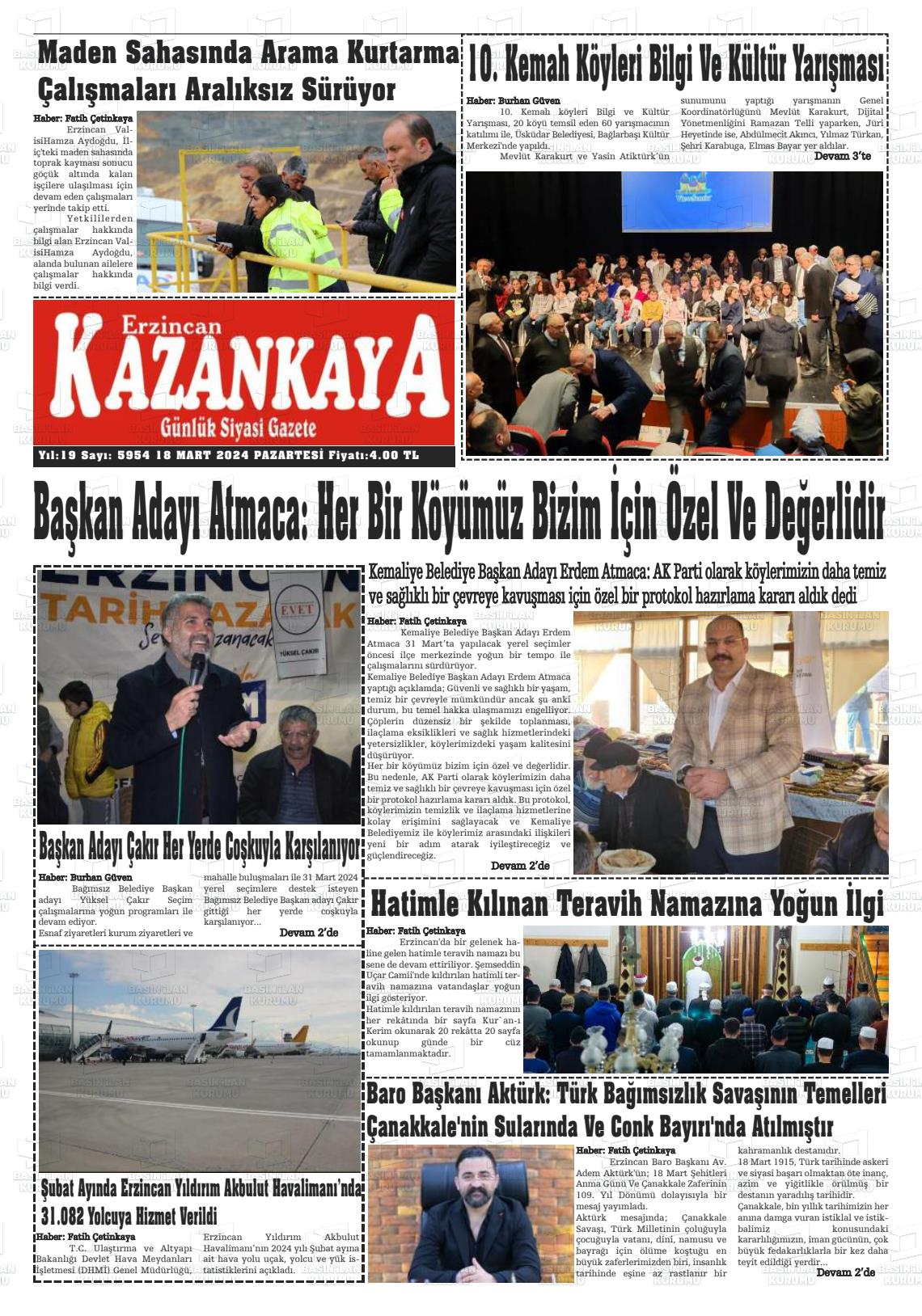 18 Mart 2024 Kazankaya Gazete Manşeti