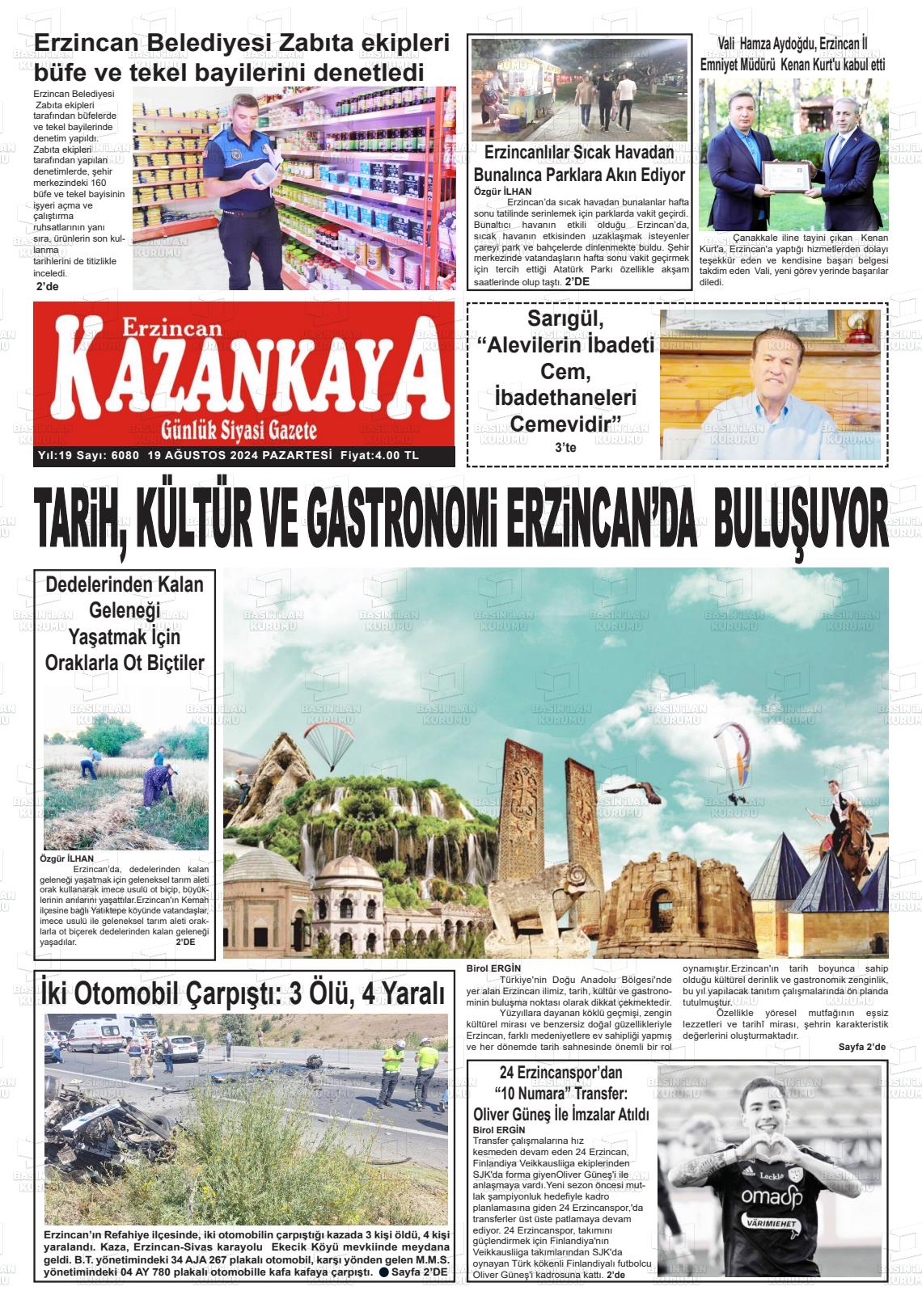 19 Ağustos 2024 Kazankaya Gazete Manşeti