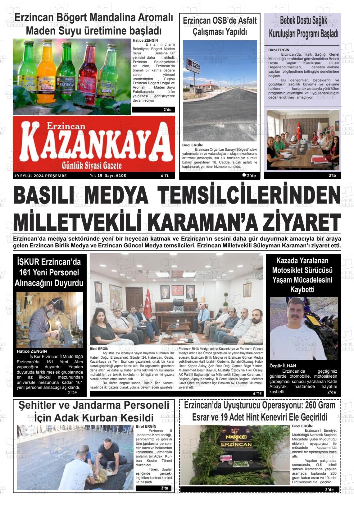 19 Eylül 2024 Kazankaya Gazete Manşeti