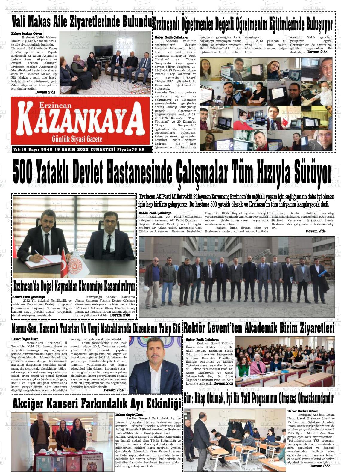 19 Kasım 2022 Kazankaya Gazete Manşeti