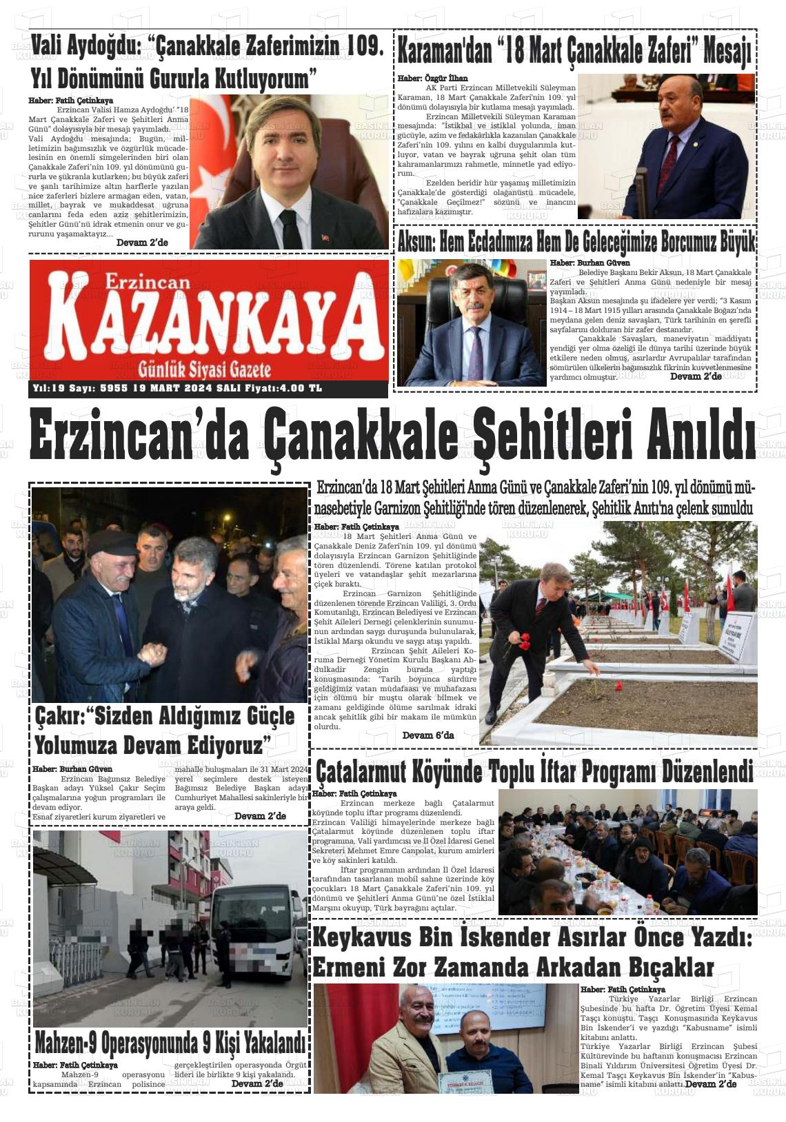 19 Mart 2024 Kazankaya Gazete Manşeti