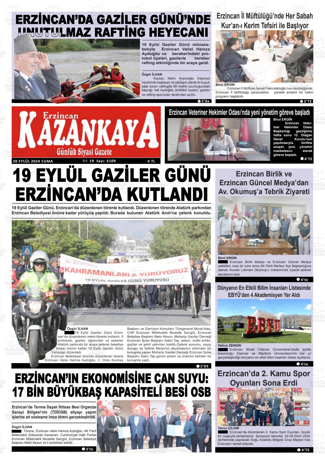 20 Eylül 2024 Kazankaya Gazete Manşeti