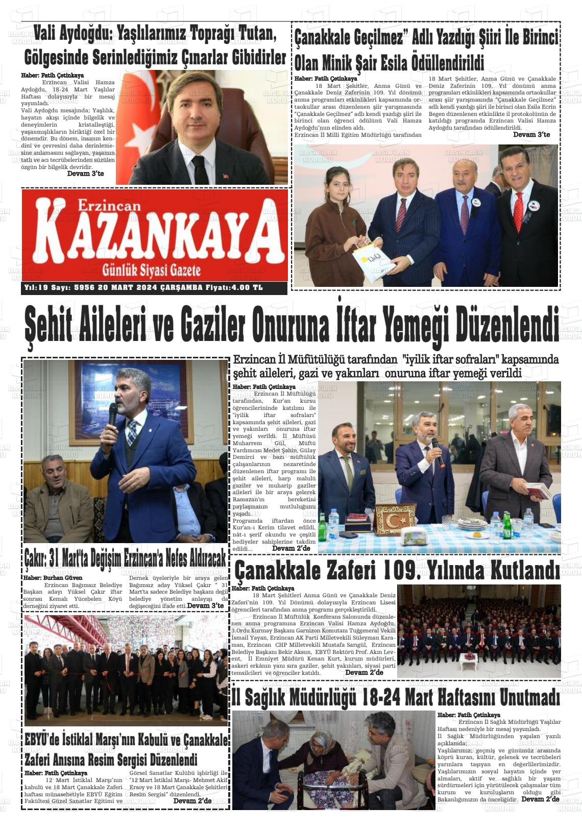 20 Mart 2024 Kazankaya Gazete Manşeti