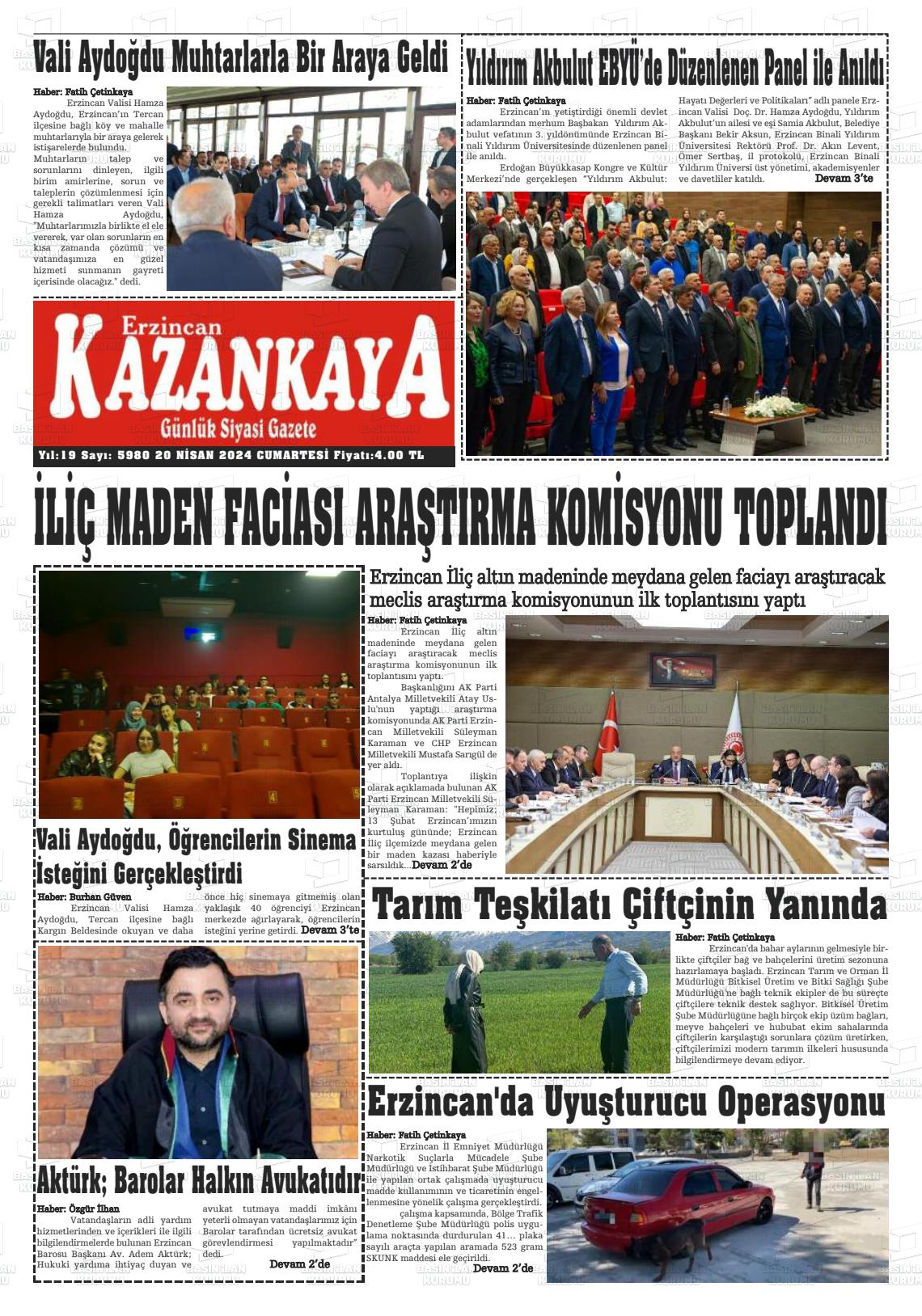 20 Nisan 2024 Kazankaya Gazete Manşeti