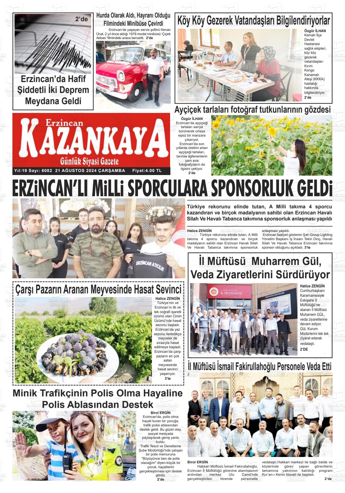 21 Ağustos 2024 Kazankaya Gazete Manşeti