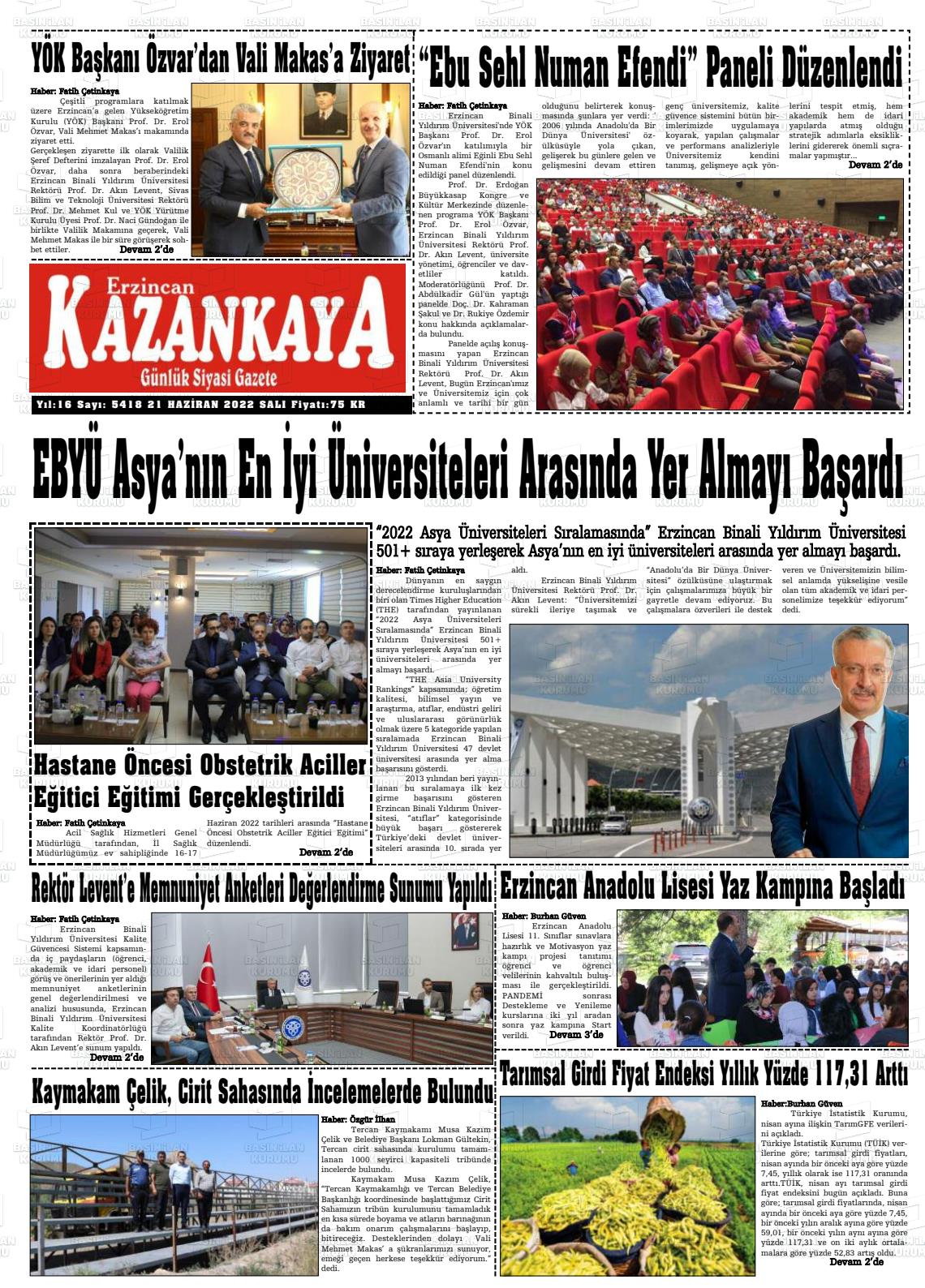 21 Haziran 2022 Kazankaya Gazete Manşeti