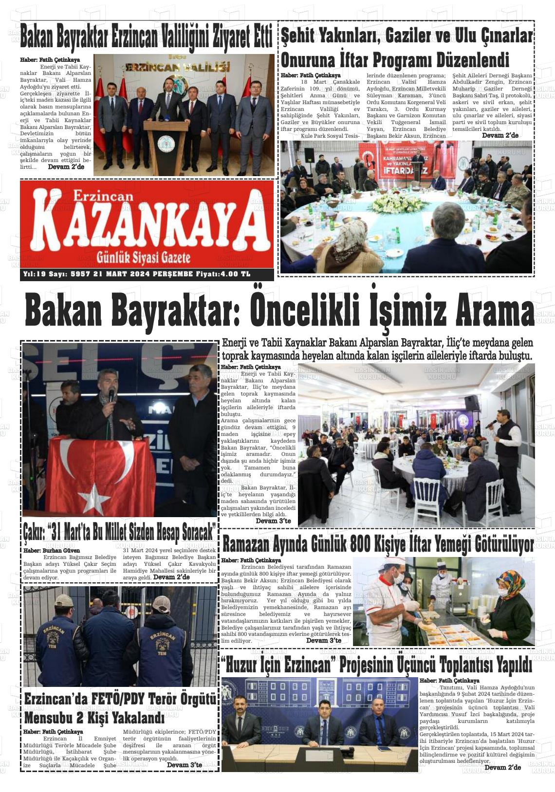 21 Mart 2024 Kazankaya Gazete Manşeti