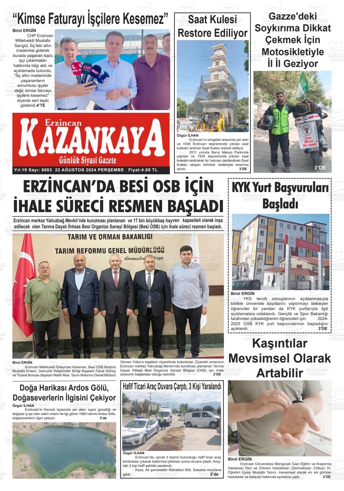 22 Ağustos 2024 Kazankaya Gazete Manşeti