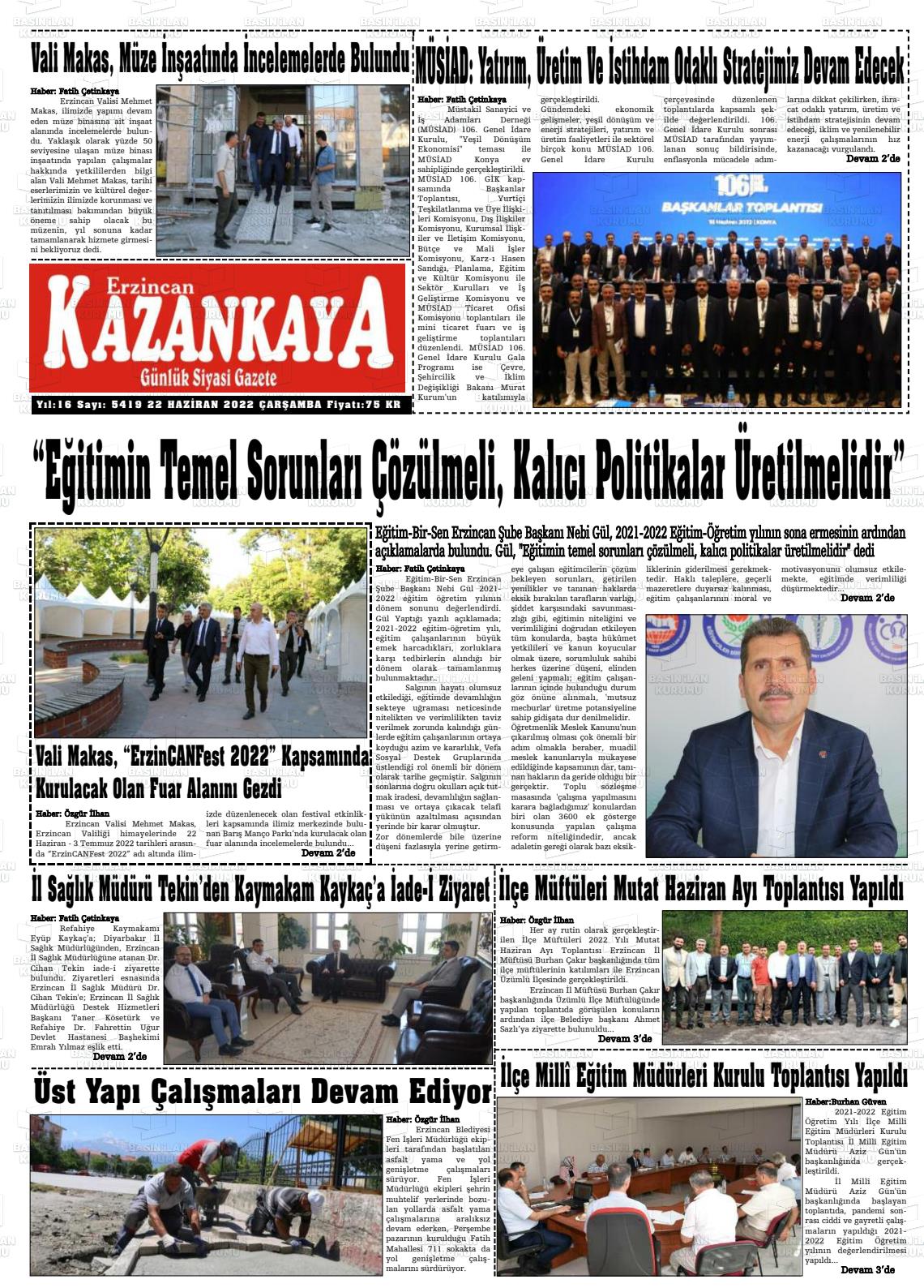 22 Haziran 2022 Kazankaya Gazete Manşeti