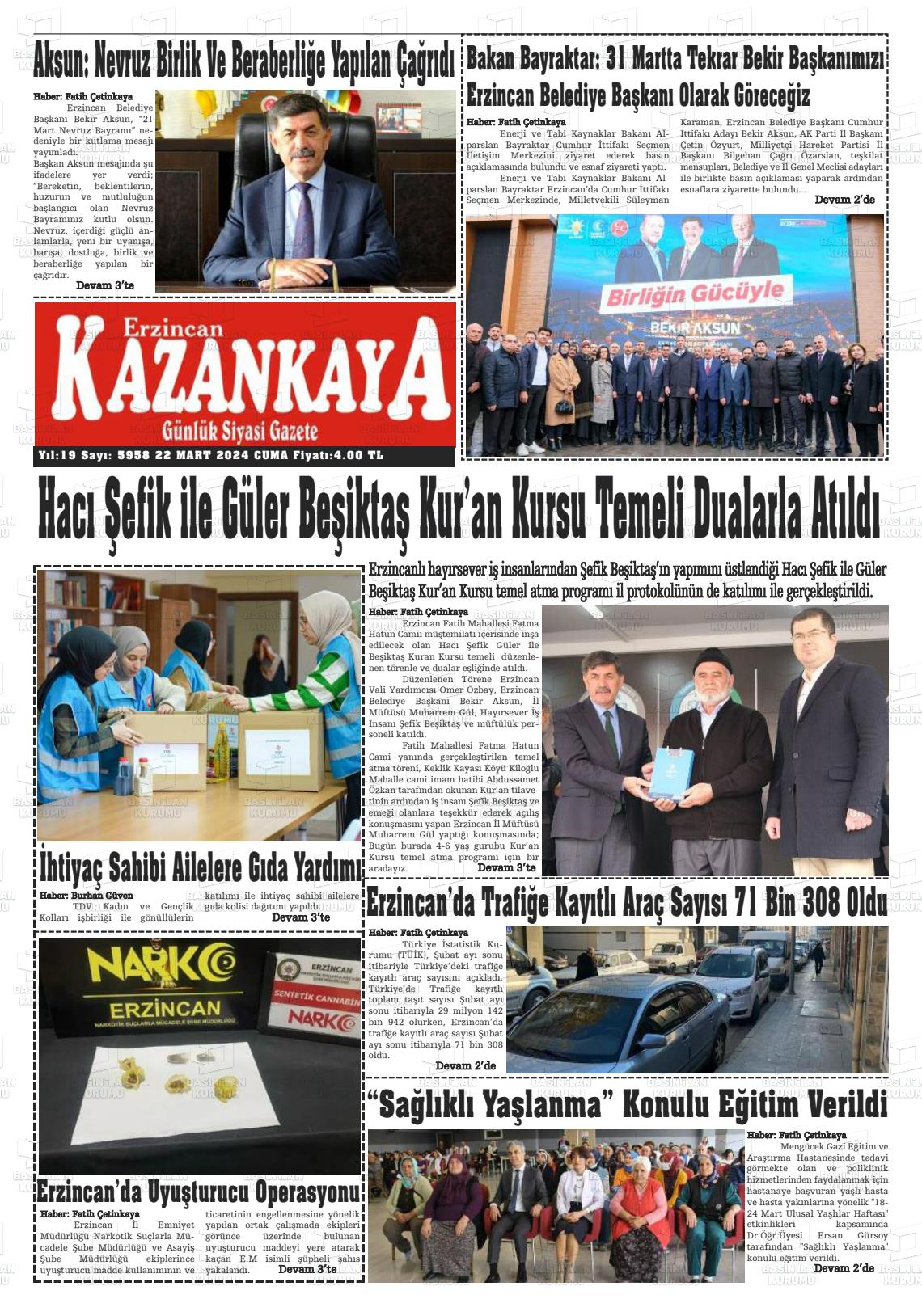 22 Mart 2024 Kazankaya Gazete Manşeti