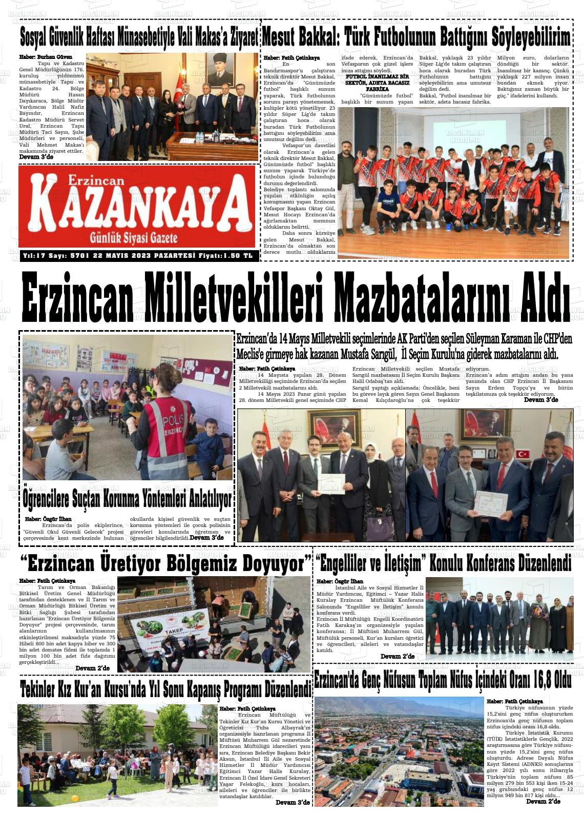 22 Mayıs 2023 Kazankaya Gazete Manşeti