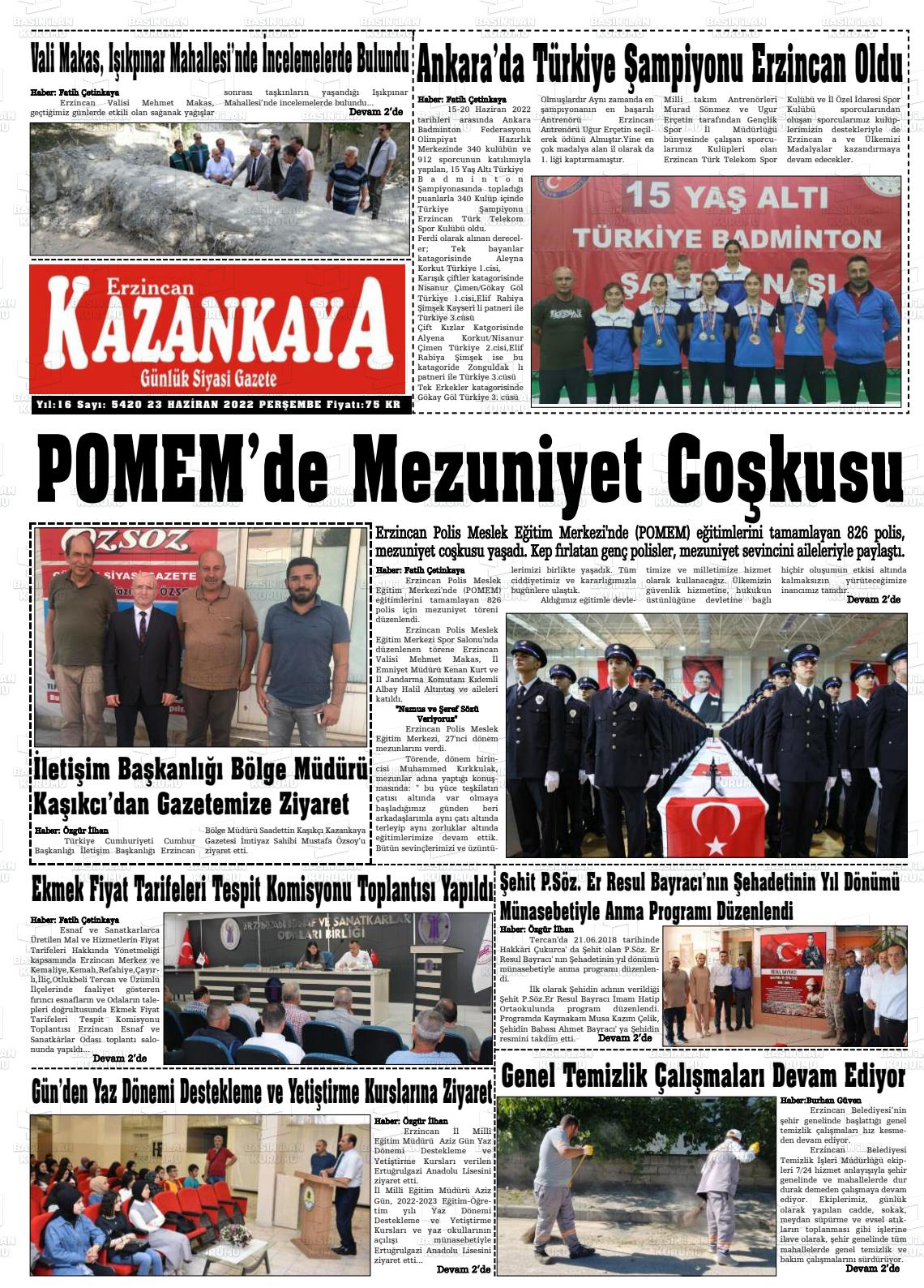 23 Haziran 2022 Kazankaya Gazete Manşeti