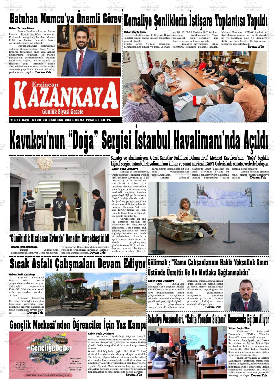 23 Haziran 2023 Kazankaya Gazete Manşeti