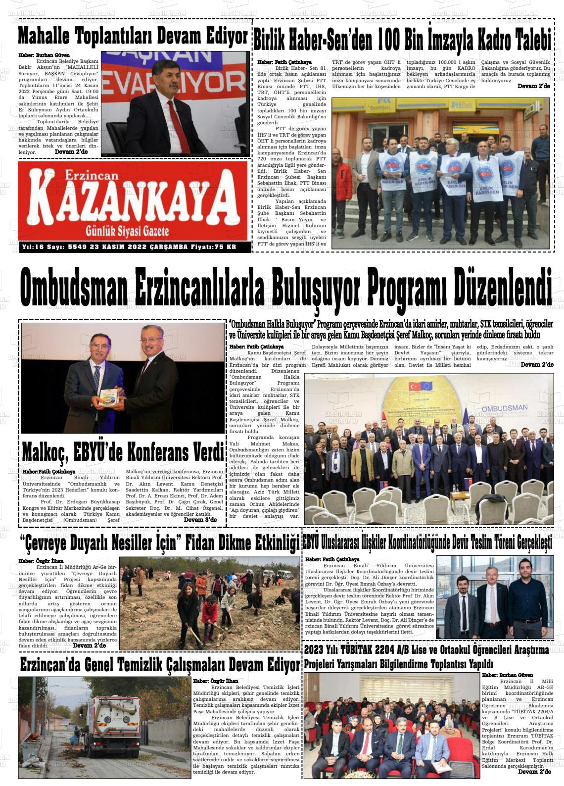 23 Kasım 2022 Kazankaya Gazete Manşeti