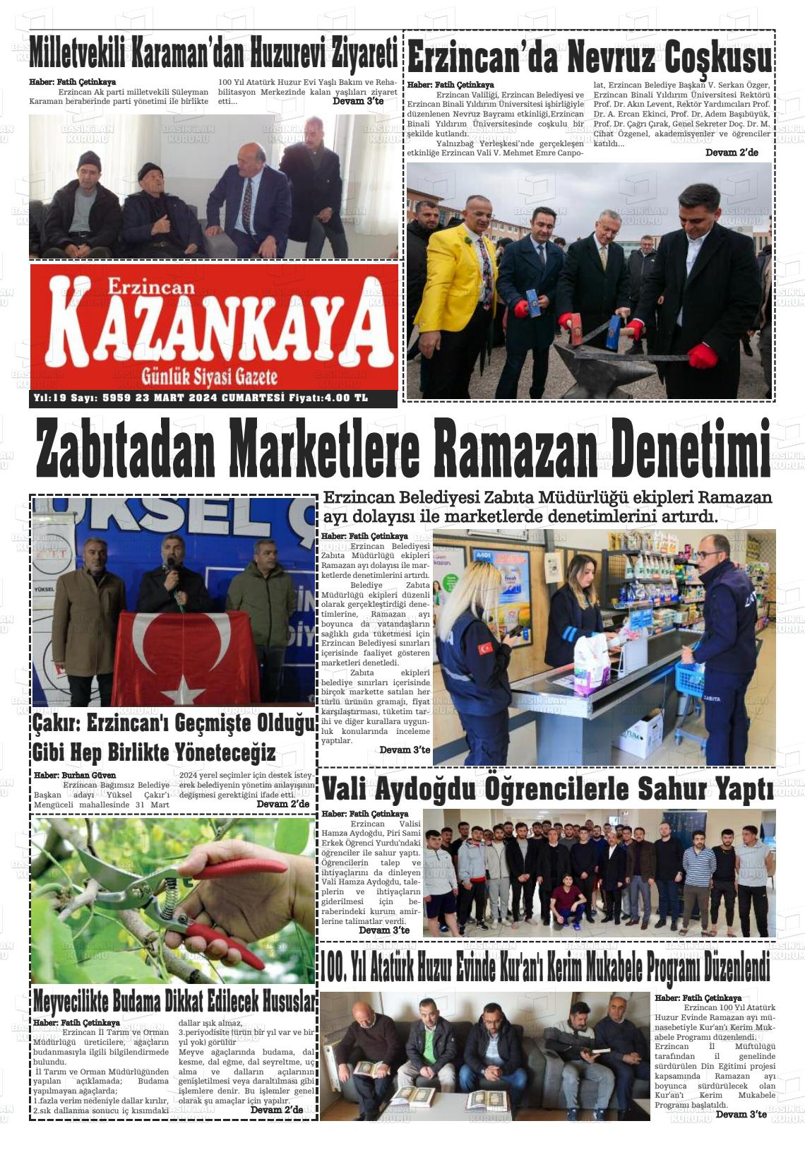 23 Mart 2024 Kazankaya Gazete Manşeti