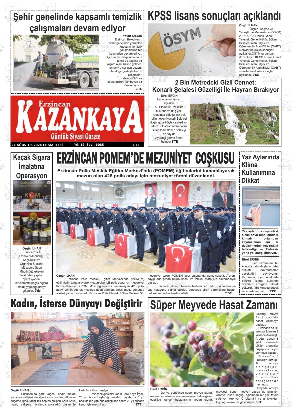 24 Ağustos 2024 Kazankaya Gazete Manşeti