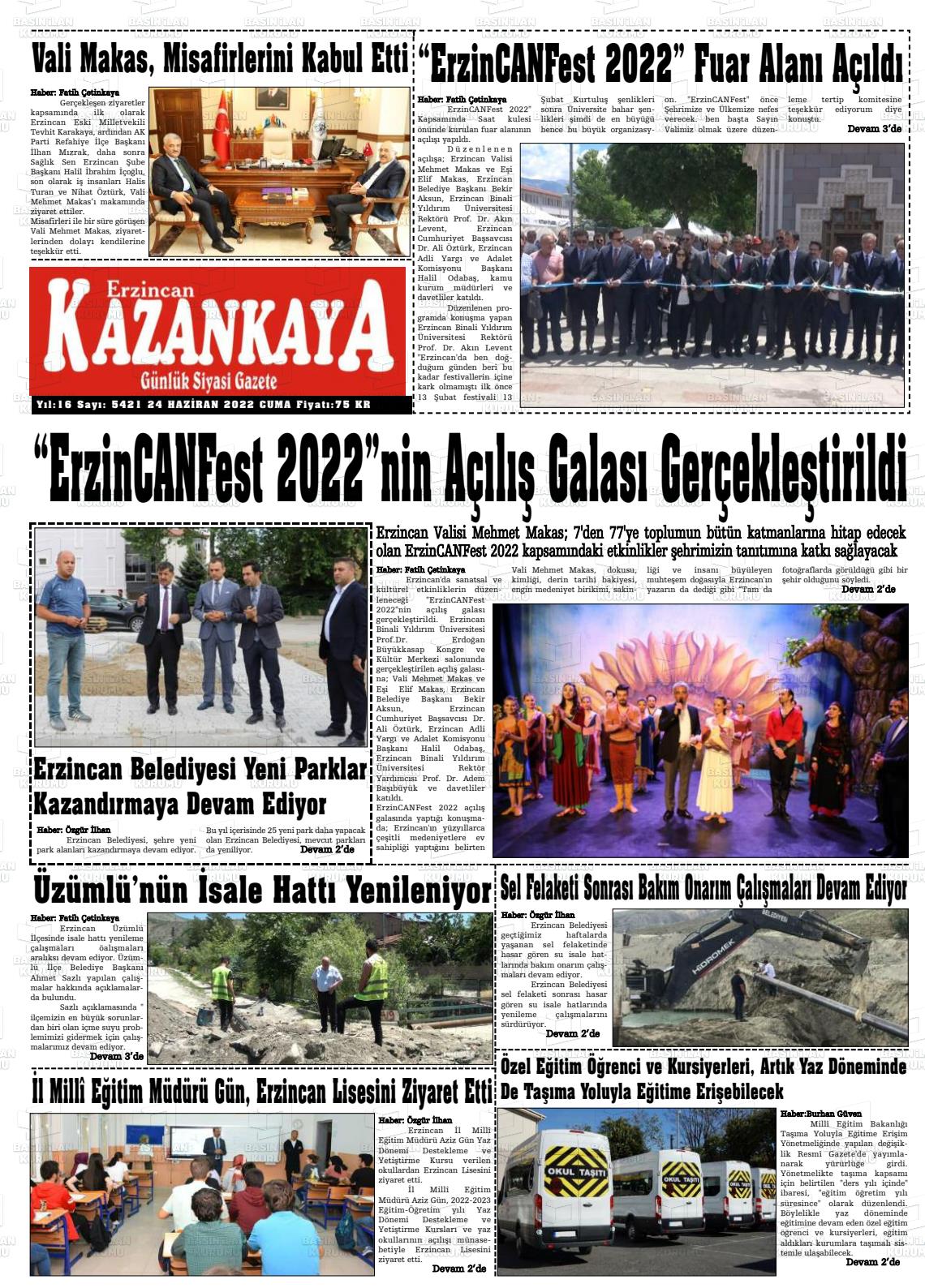 24 Haziran 2022 Kazankaya Gazete Manşeti