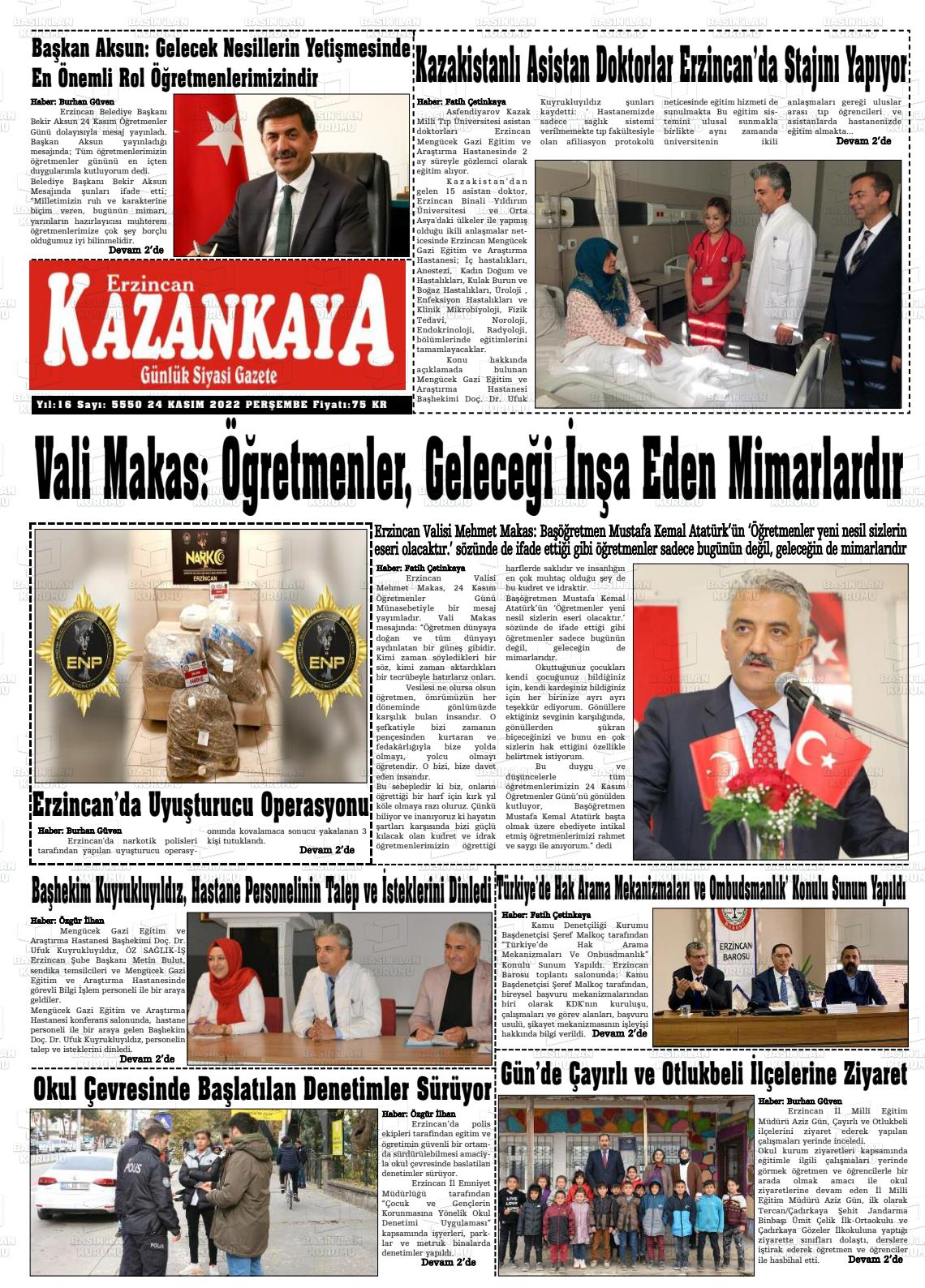 24 Kasım 2022 Kazankaya Gazete Manşeti