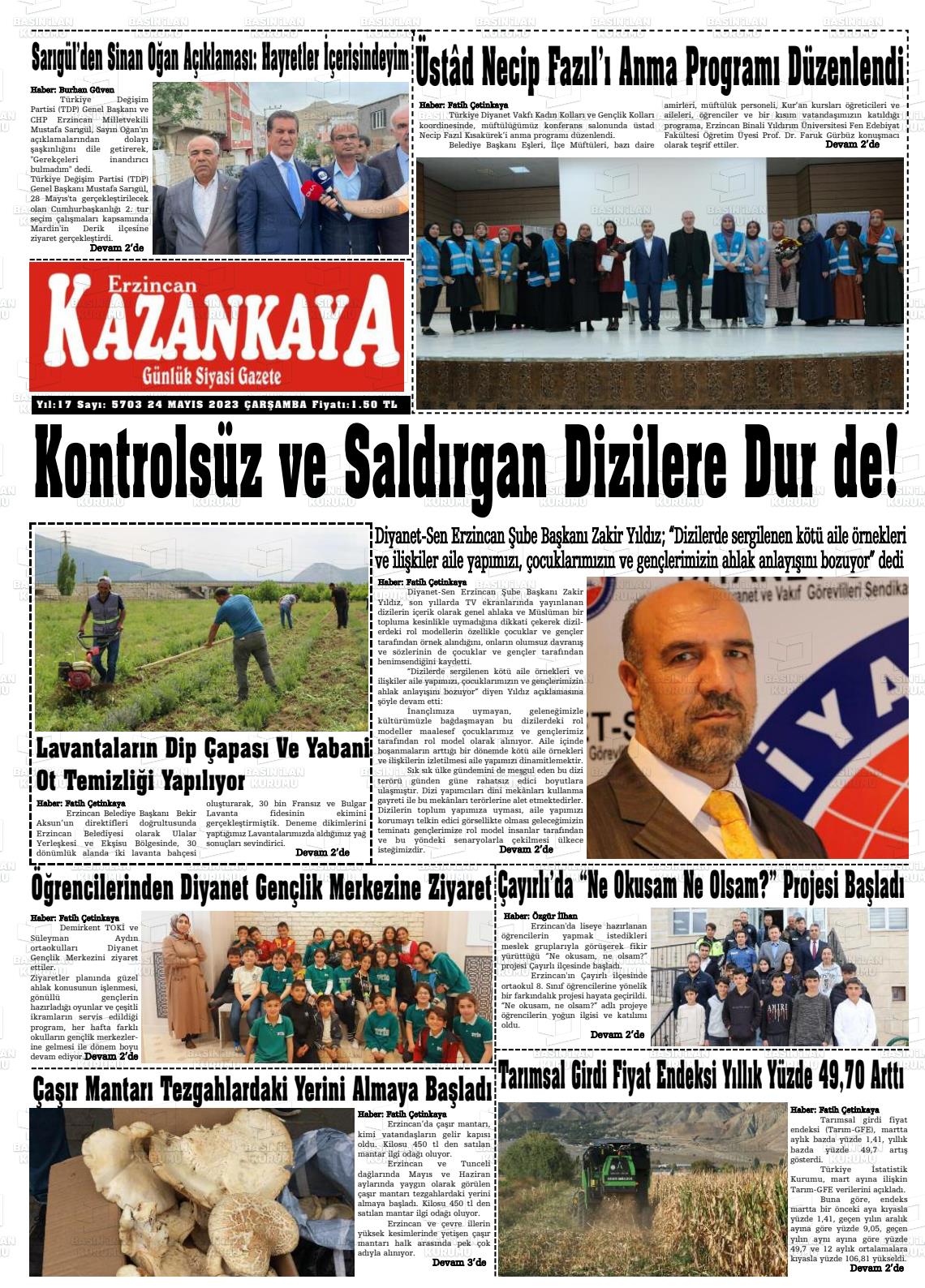 24 Mayıs 2023 Kazankaya Gazete Manşeti