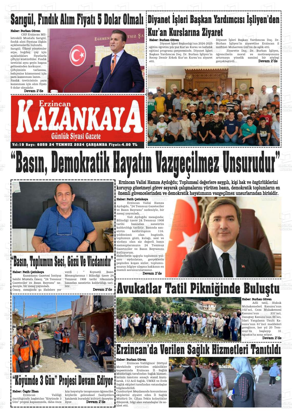 24 Temmuz 2024 Kazankaya Gazete Manşeti